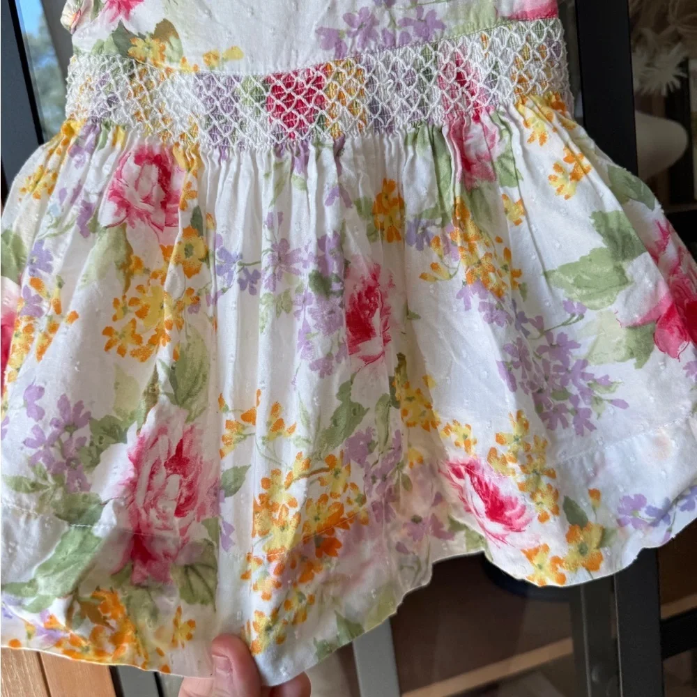 Vintage 2008 GAP smock set dress hat baby girl floral easter swiss dot ruffle
